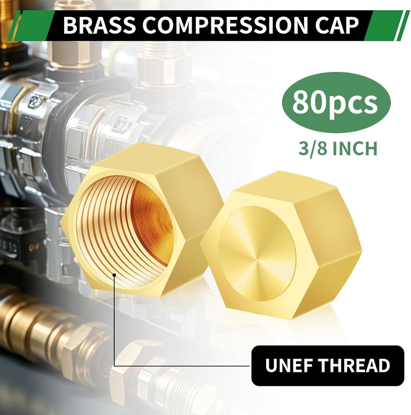 Japtend 3/8" Compression Cap, 80pcs Brass Compression Fittings Hex UNEF Thread Stop Valve Tubing Ends Sealing Caps Hose Connector for Gas Garden Water Air Line - Image 3